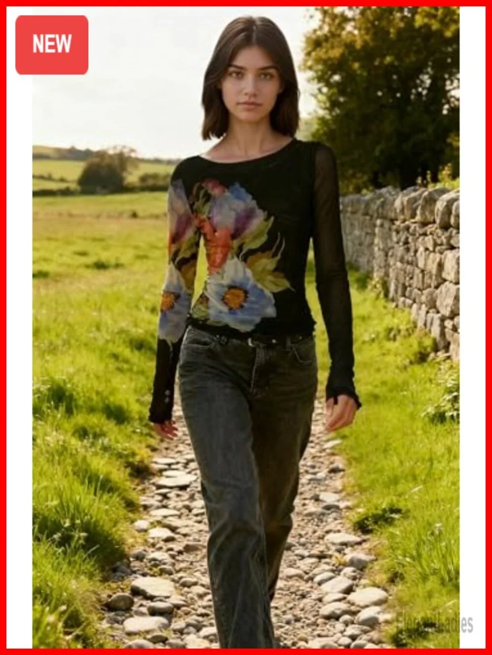 Floral Mesh Long Sleeve Crew Neck Slim Fit Going Out Top Blouse
